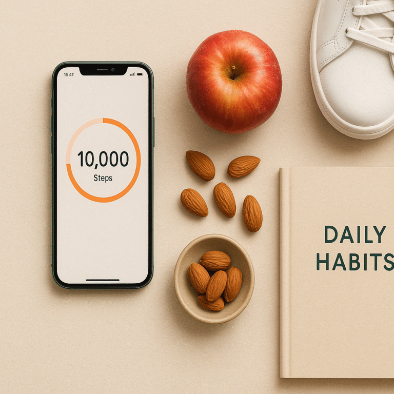 Routine bien-être illustrant la marche à 10000 pas par jour, avec montre connectée, encas sain et carnet d’habitudes sur fond naturel et épuré.