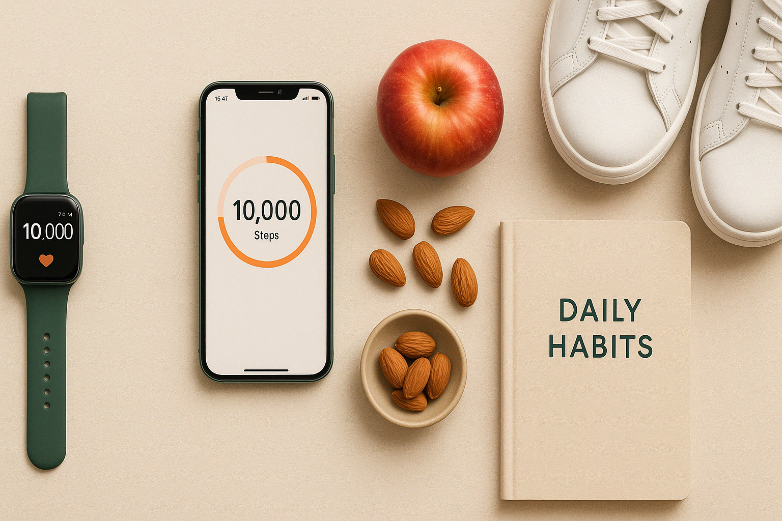 Routine bien-être illustrant la marche à 10000 pas par jour, avec montre connectée, encas sain et carnet d’habitudes sur fond naturel et épuré.