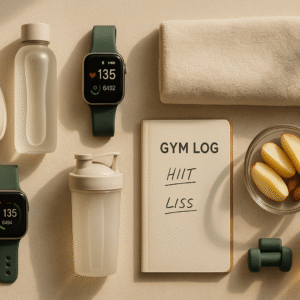 Flatlay de matériel de fitness pour la perte de graisse, incluant chaussures, montre connectée, carnet d’entraînement HIIT et LISS, bouteille d’eau et haltères sur fond beige doux.