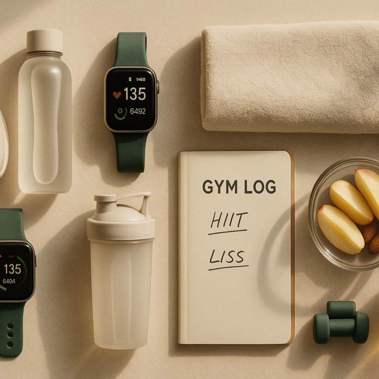 Flatlay de matériel de fitness pour la perte de graisse, incluant chaussures, montre connectée, carnet d’entraînement HIIT et LISS, bouteille d’eau et haltères sur fond beige doux.
