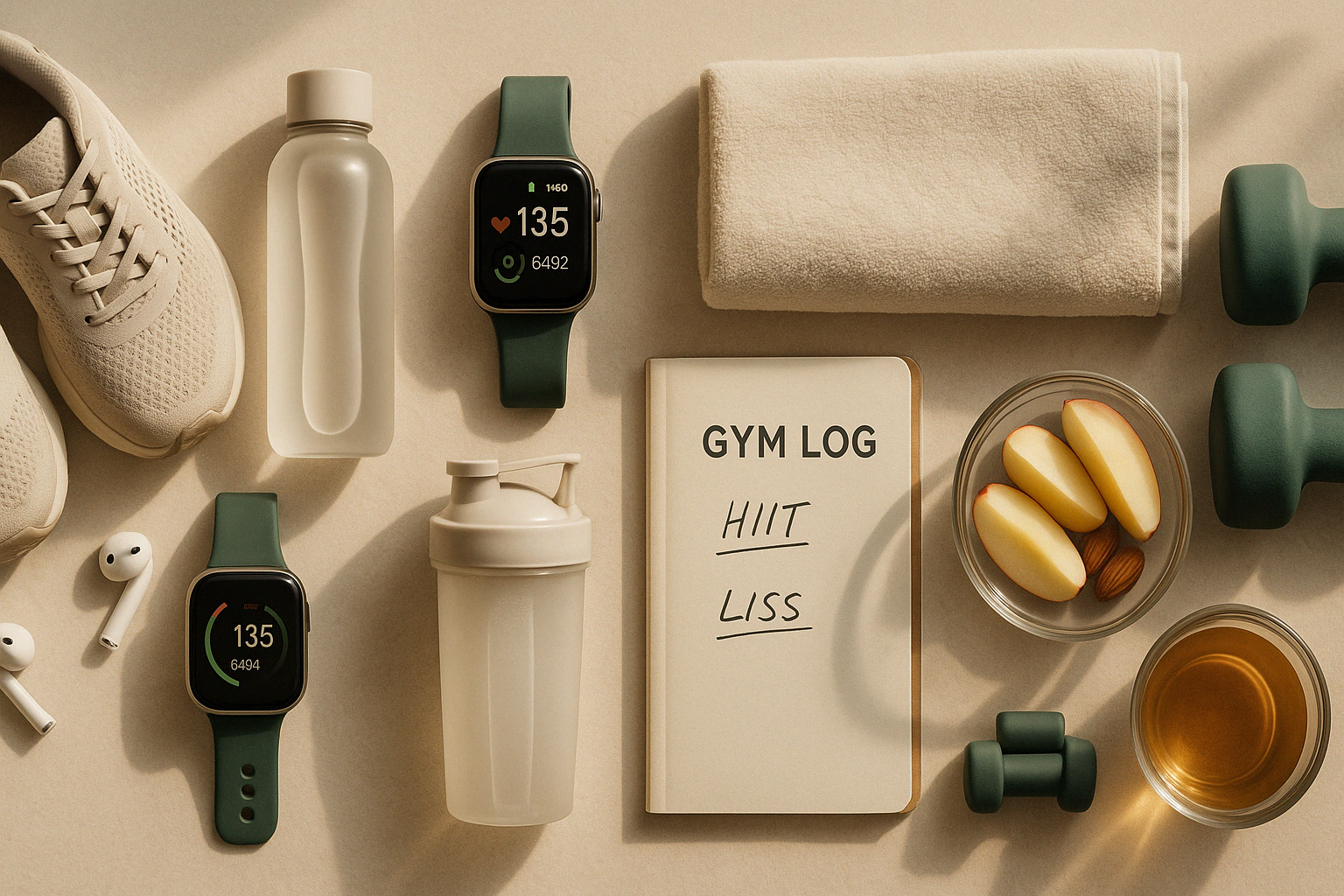Flatlay de matériel de fitness pour la perte de graisse, incluant chaussures, montre connectée, carnet d’entraînement HIIT et LISS, bouteille d’eau et haltères sur fond beige doux.
