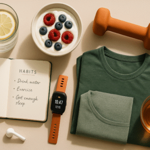 Flatlay illustrant des habitudes pour relancer naturellement le métabolisme : eau citronnée, encas protéiné, haltère, vêtements de sport, carnet de routines, sur fond beige avec touches vert forêt et orange canyon.