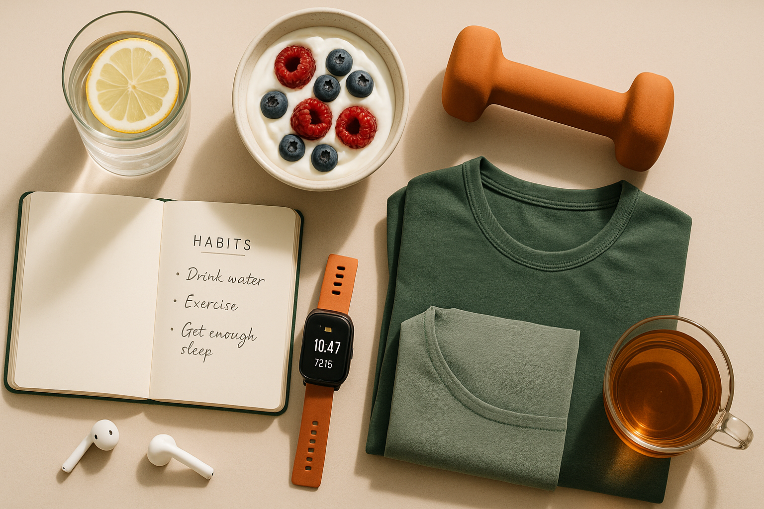 Flatlay illustrant des habitudes pour relancer naturellement le métabolisme : eau citronnée, encas protéiné, haltère, vêtements de sport, carnet de routines, sur fond beige avec touches vert forêt et orange canyon.