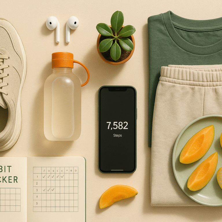 Flatlay d’objets du quotidien illustrant des habitudes simples pour augmenter son NEAT : chaussures, journal, bouteille d’eau, téléphone avec podomètre, sur fond beige avec touches vert forêt et orange canyon.