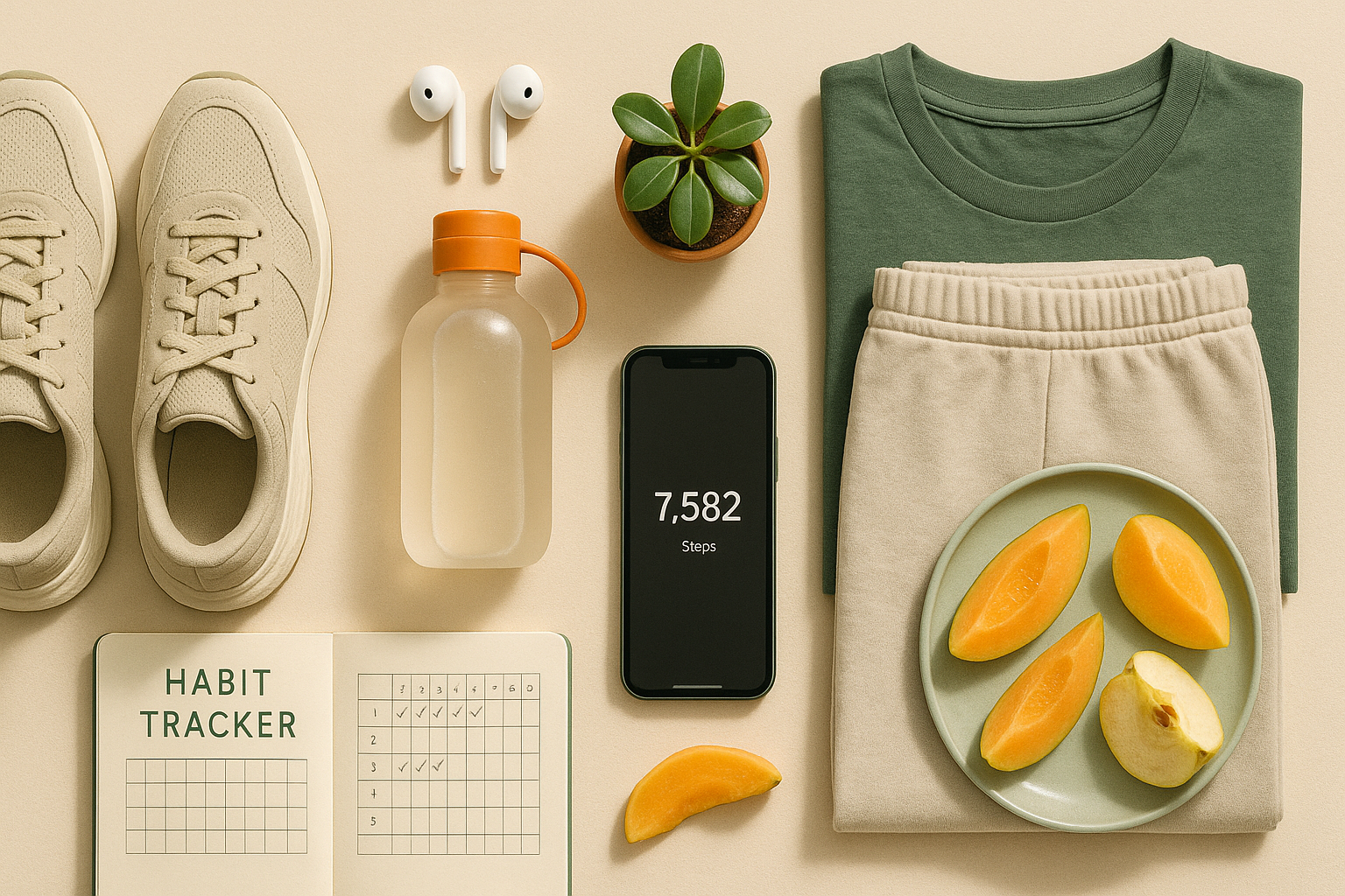 Flatlay d’objets du quotidien illustrant des habitudes simples pour augmenter son NEAT : chaussures, journal, bouteille d’eau, téléphone avec podomètre, sur fond beige avec touches vert forêt et orange canyon.