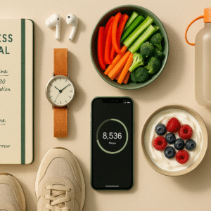 Flatlay avec objets illustrant des routines de perte de poids durable : journal, baskets, encas protéiné, suivi d’activité, sur fond beige avec touches vert forêt et orange canyon.