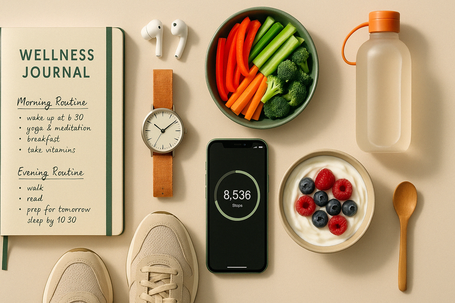 Flatlay avec objets illustrant des routines de perte de poids durable : journal, baskets, encas protéiné, suivi d’activité, sur fond beige avec touches vert forêt et orange canyon.