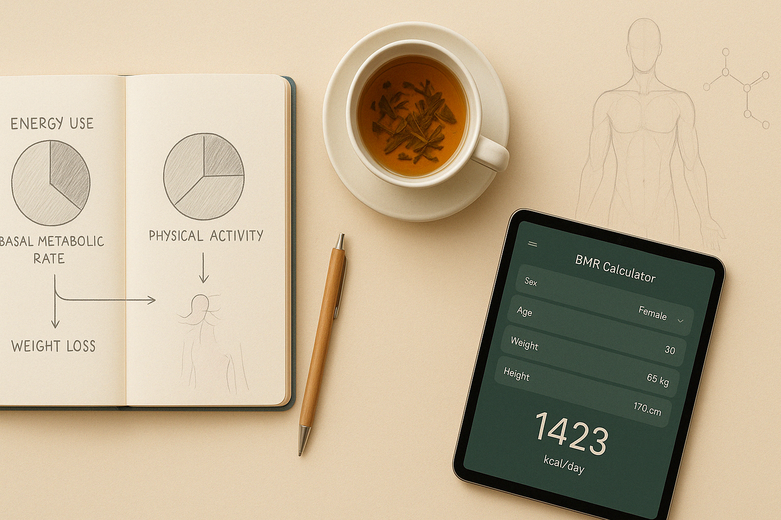 Flatlay illustrant le fonctionnement du métabolisme de base, avec carnet de notes, schéma énergétique et tablette affichant un calculateur BMR.