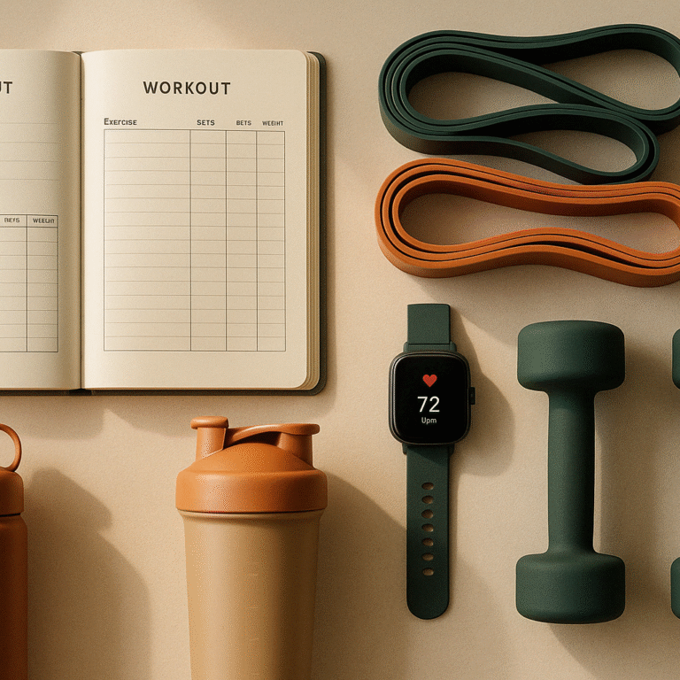 Flatlay d’un kit d’entraînement pour adultes après 30 ans, avec carnet, haltères, bande de résistance et montre connectée sur fond beige naturel.