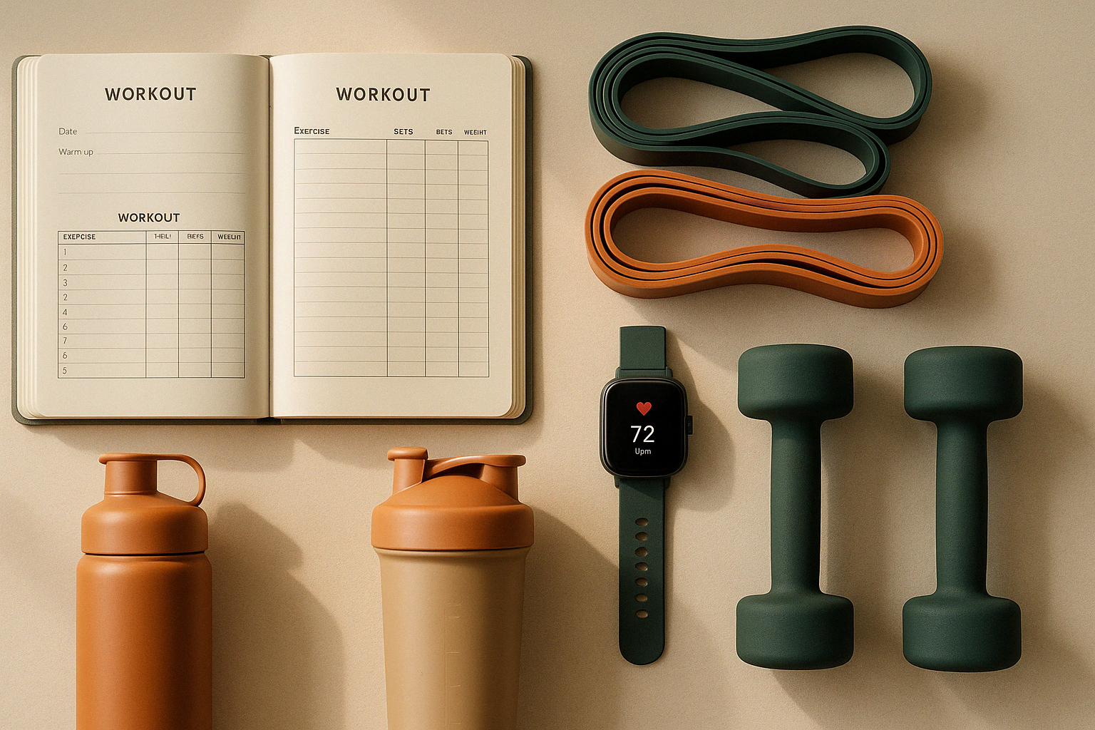 Flatlay d’un kit d’entraînement pour adultes après 30 ans, avec carnet, haltères, bande de résistance et montre connectée sur fond beige naturel.
