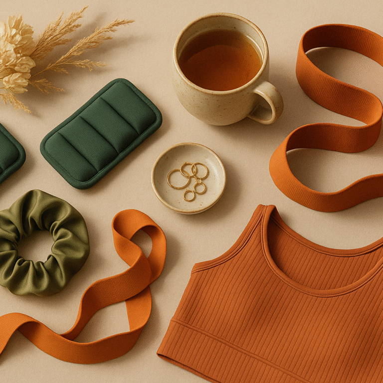 Flatlay élégant illustrant la musculation après 30 ans pour les femmes, avec accessoires discrets, textile de sport, bijoux et lumière naturelle sur fond beige.