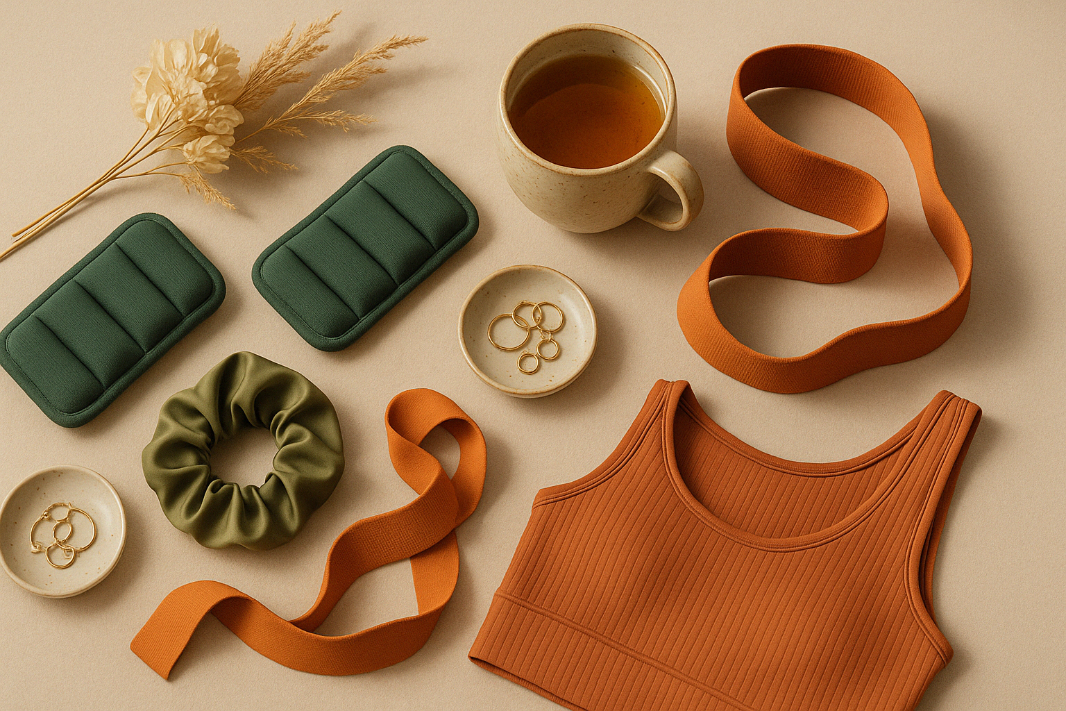 Flatlay élégant illustrant la musculation après 30 ans pour les femmes, avec accessoires discrets, textile de sport, bijoux et lumière naturelle sur fond beige.