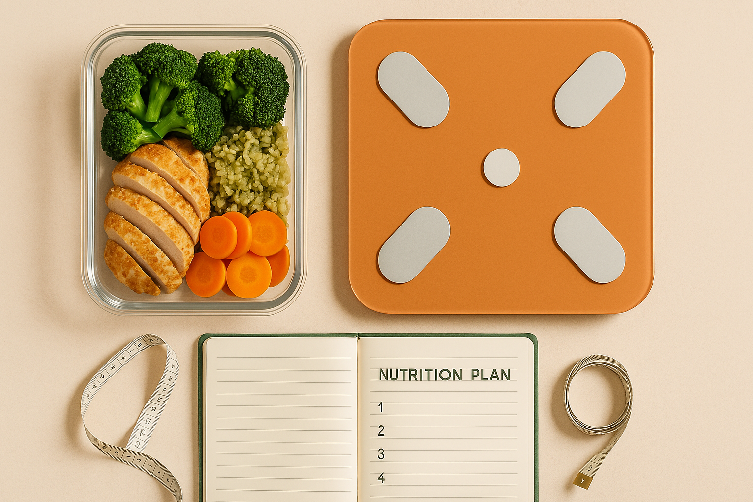 Illustration d’un plan de repas équilibré et d’un carnet de suivi nutritionnel, représentant une approche intelligente de la perte de poids.