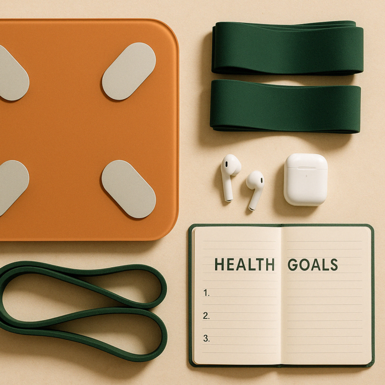 Vue de dessus d’un kit de transformation physique pour adultes après 30 ans, avec balance, carnet d’objectifs et accessoires fitness, dans des tons naturels.