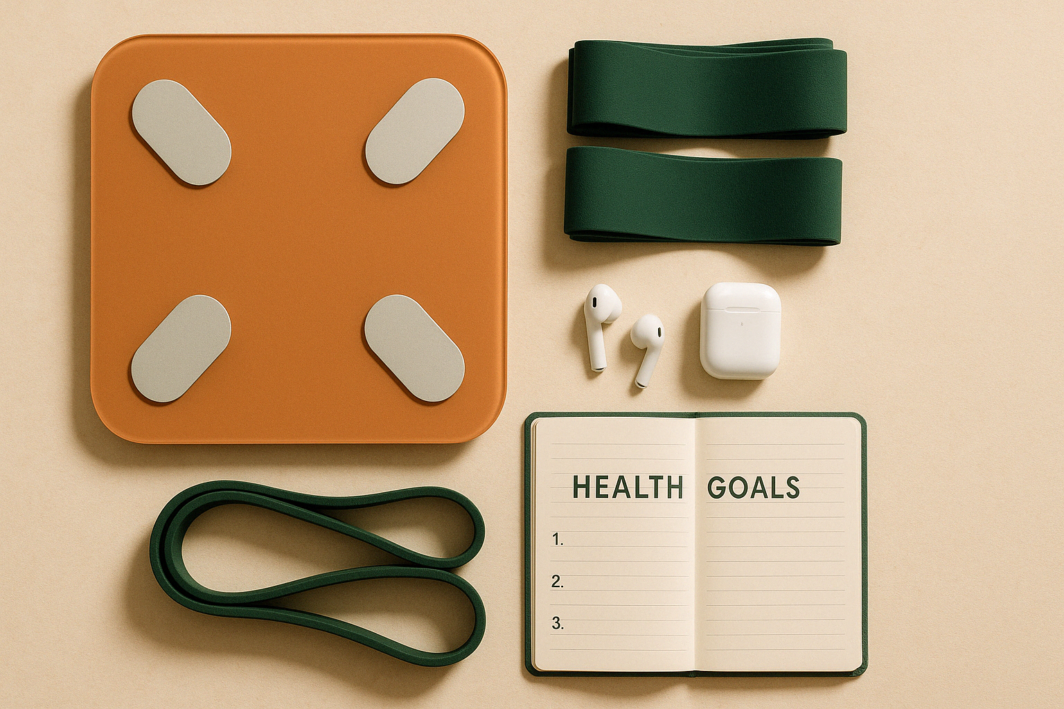 Vue de dessus d’un kit de transformation physique pour adultes après 30 ans, avec balance, carnet d’objectifs et accessoires fitness, dans des tons naturels.