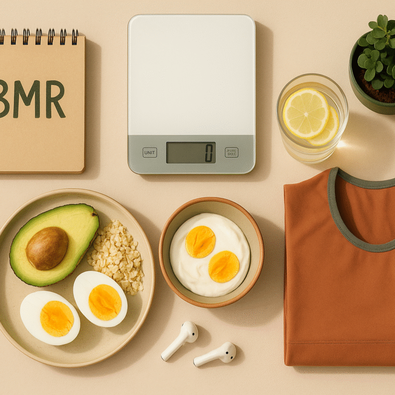 Flatlay illustrant le concept de BMR et métabolisme : carnet marqué BMR, repas protéiné, haltère, eau citronnée et vêtements de sport sur fond beige avec touches vert forêt et orange canyon.