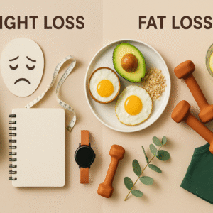 Flatlay illustrant la différence entre perte de poids et perte de graisse : balance et mètre ruban d’un côté, repas sain et haltère de l’autre, sur fond beige avec accents vert forêt et orange canyon.