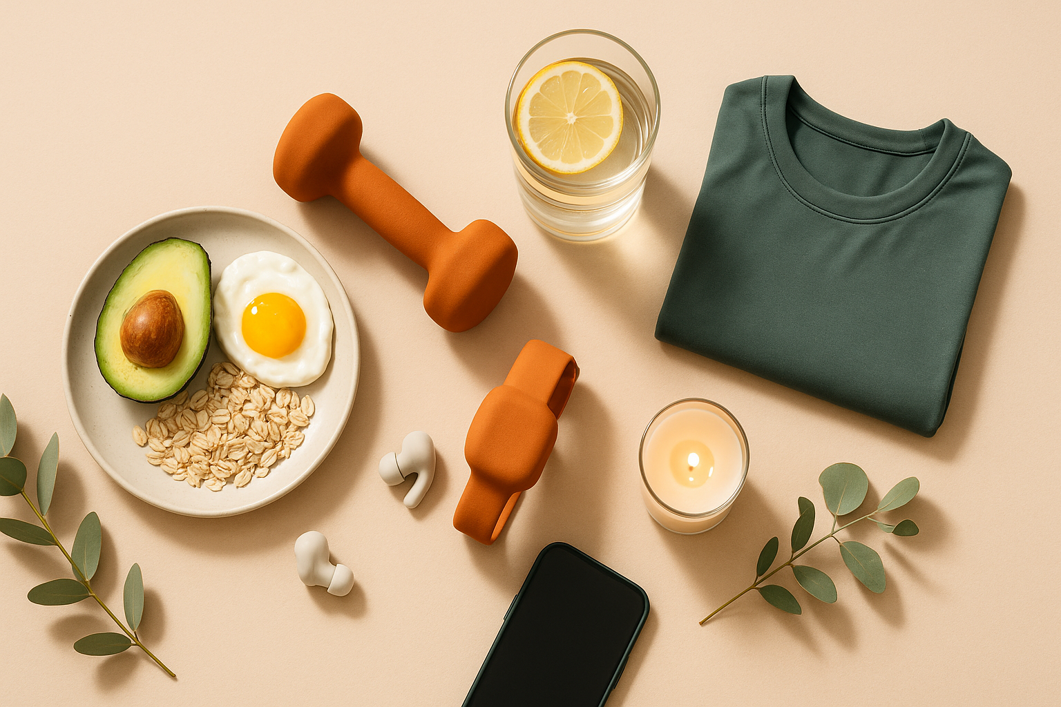 Flatlay représentant la relance métabolique après une stagnation : aliments bruts, haltère, eau citronnée, tenue de sport pliée et eucalyptus sur fond beige avec accents vert forêt et orange canyon.