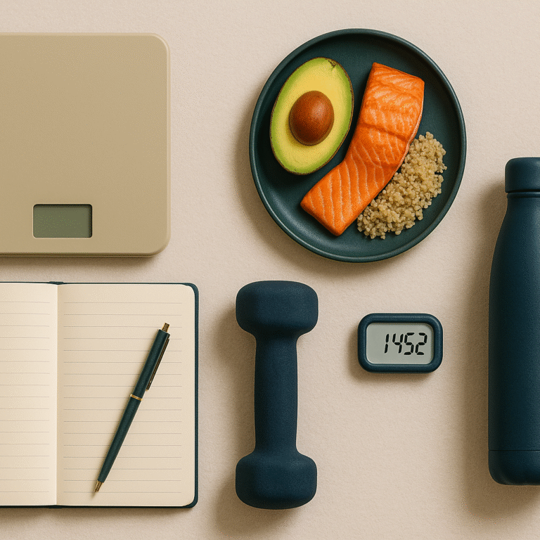 Image flatlay illustrant le concept de stagnation en déficit calorique, avec des objets de fitness, alimentation saine et journal alimentaire, dans les tons beige, vert forêt, bleu nuit et orange canyon.