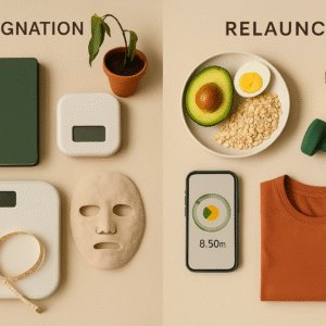 Flatlay illustrant la stagnation et la relance dans la perte de poids : d’un côté une balance, un mètre ruban et un carnet fermé, de l’autre un repas sain, un haltère, une eau citronnée et des vêtements de sport pliés sur fond beige avec touches vert forêt et orange canyon.