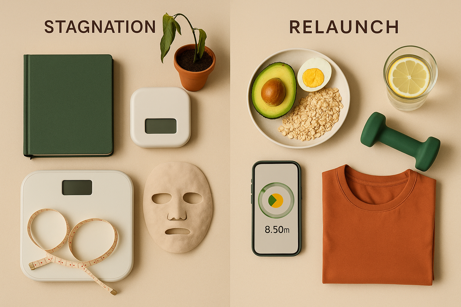 Flatlay illustrant la stagnation et la relance dans la perte de poids : d’un côté une balance, un mètre ruban et un carnet fermé, de l’autre un repas sain, un haltère, une eau citronnée et des vêtements de sport pliés sur fond beige avec touches vert forêt et orange canyon.