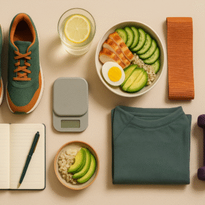 Flatlay photograph représentant l’équilibre entre entraînement, récupération et alimentation, aux couleurs Saisen Body