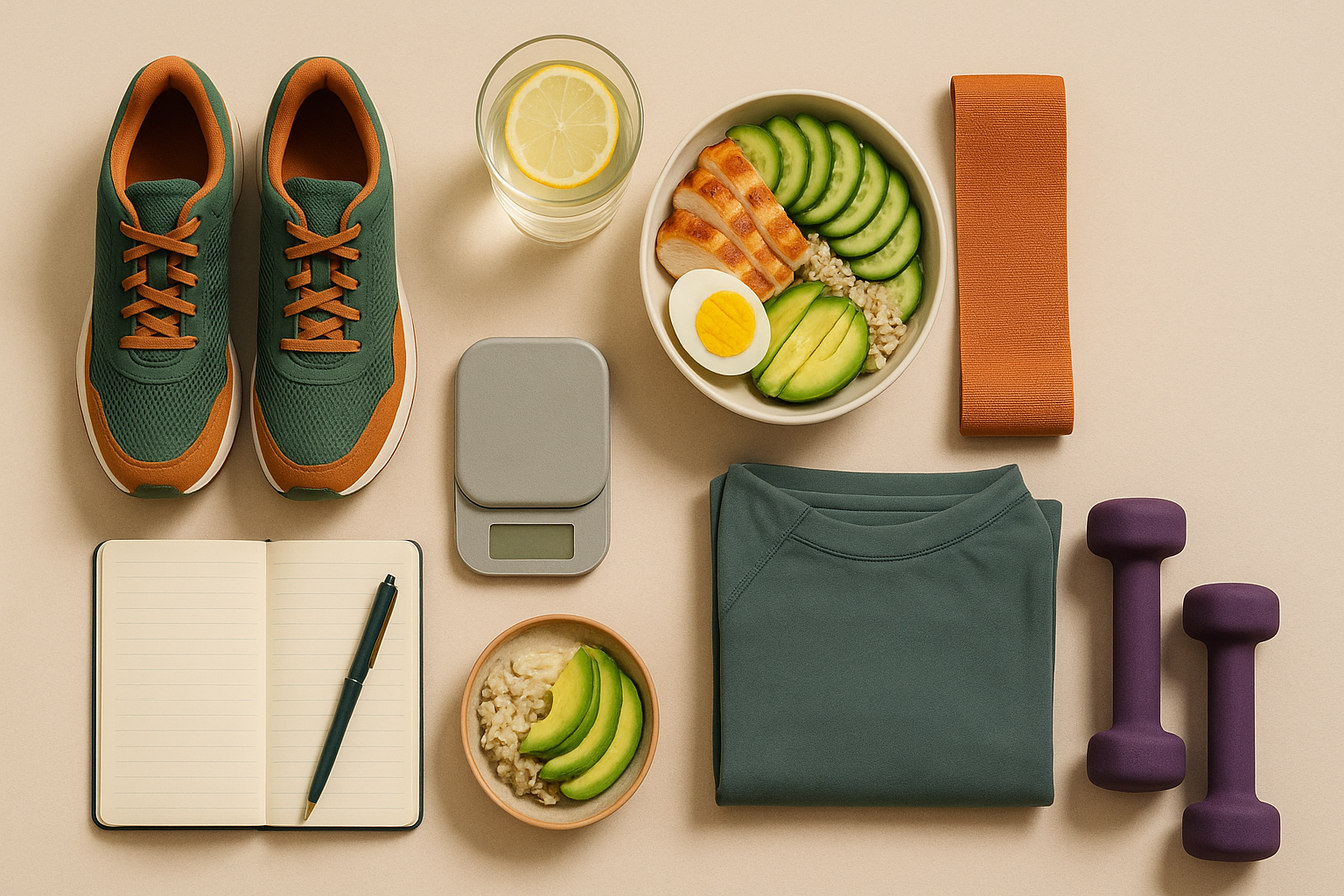 Flatlay photograph représentant l’équilibre entre entraînement, récupération et alimentation, aux couleurs Saisen Body