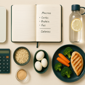 Flatlay illustrant les outils pour calculer ses besoins caloriques : balance alimentaire, carnet de suivi, aliments bruts, montre connectée et eau citronnée.