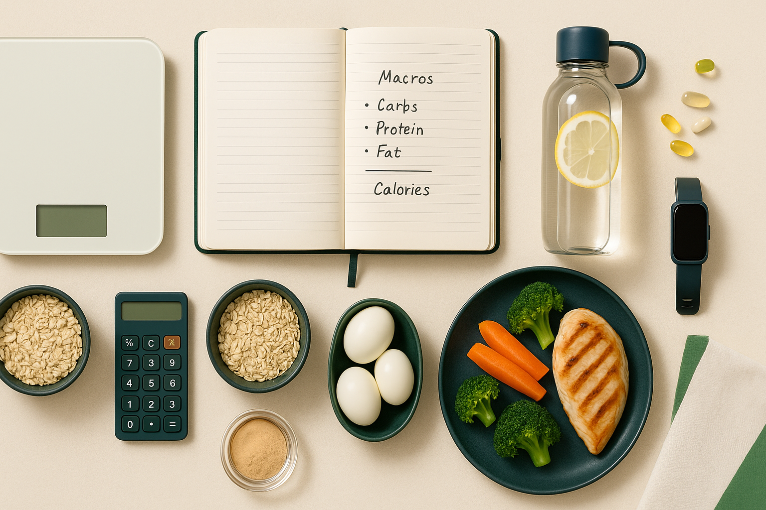 Flatlay illustrant les outils pour calculer ses besoins caloriques : balance alimentaire, carnet de suivi, aliments bruts, montre connectée et eau citronnée.