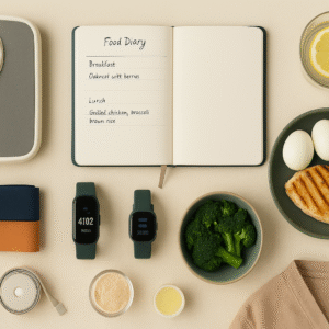 Image flatlay d’objets liés à la perte de poids : balance figée, journal alimentaire, aliments protéinés, ruban de mesure fermé, sur fond beige avec des touches vert forêt, orange canyon et bleu nuit.