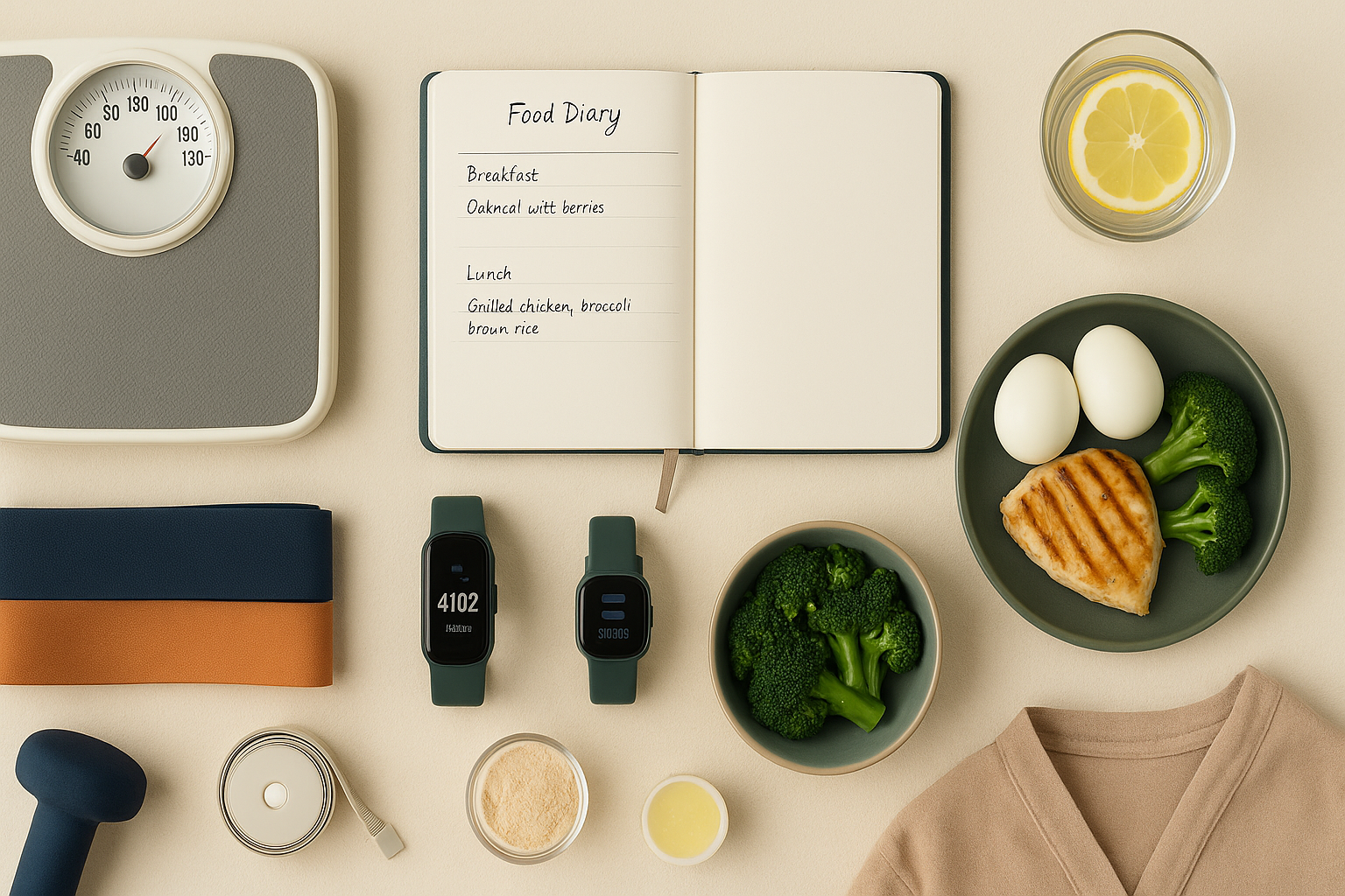 Image flatlay d’objets liés à la perte de poids : balance figée, journal alimentaire, aliments protéinés, ruban de mesure fermé, sur fond beige avec des touches vert forêt, orange canyon et bleu nuit.