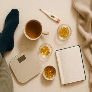 Flatlay illustrant les signes d’un métabolisme ralenti : thermomètre, capsules d’omega-3, tasse de tisane, journal bien-être, ambiance douce et reposante aux couleurs beige, vert forêt, orange canyon et bleu nuit.