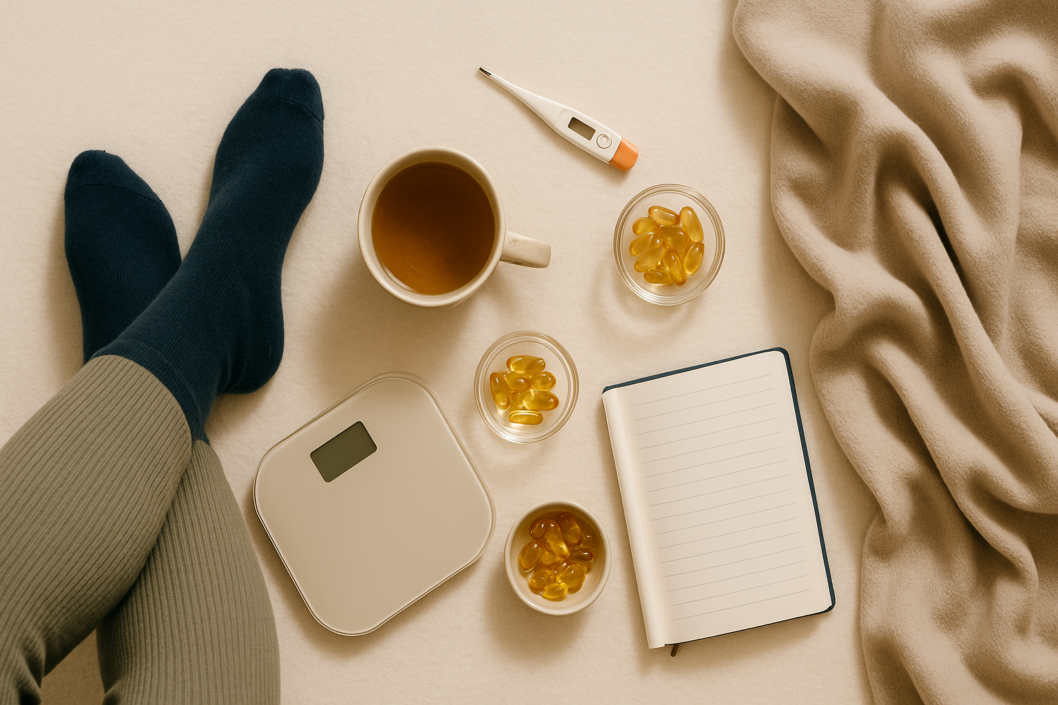 Flatlay illustrant les signes d’un métabolisme ralenti : thermomètre, capsules d’omega-3, tasse de tisane, journal bien-être, ambiance douce et reposante aux couleurs beige, vert forêt, orange canyon et bleu nuit.