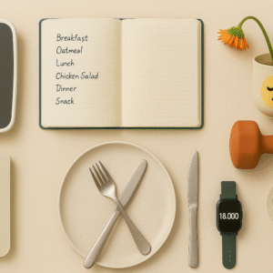 Flatlay représentant une stagnation de perte de poids : balance stable, journal alimentaire ouvert, assiette vide, montre connectée affichant 18 000 pas, éléments aux couleurs beige, vert forêt et orange canyon – ambiance épurée et minimaliste.