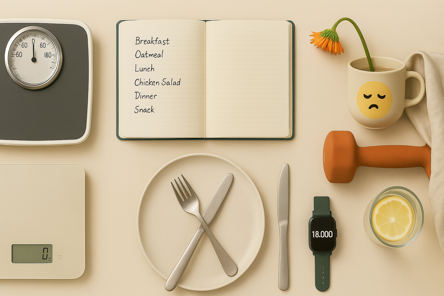 Flatlay représentant une stagnation de perte de poids : balance stable, journal alimentaire ouvert, assiette vide, montre connectée affichant 18 000 pas, éléments aux couleurs beige, vert forêt et orange canyon – ambiance épurée et minimaliste.