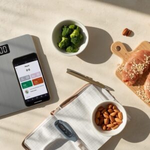 Flatlay minimaliste avec balance alimentaire, smartphone de suivi calorique et ingrédients sains — couleurs Saisen Body