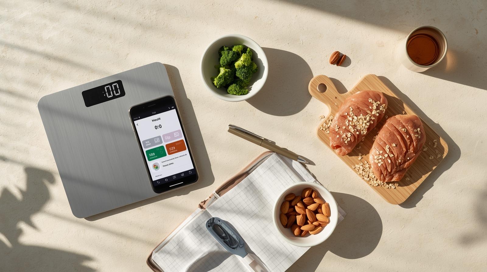 Flatlay minimaliste avec balance alimentaire, smartphone de suivi calorique et ingrédients sains — couleurs Saisen Body