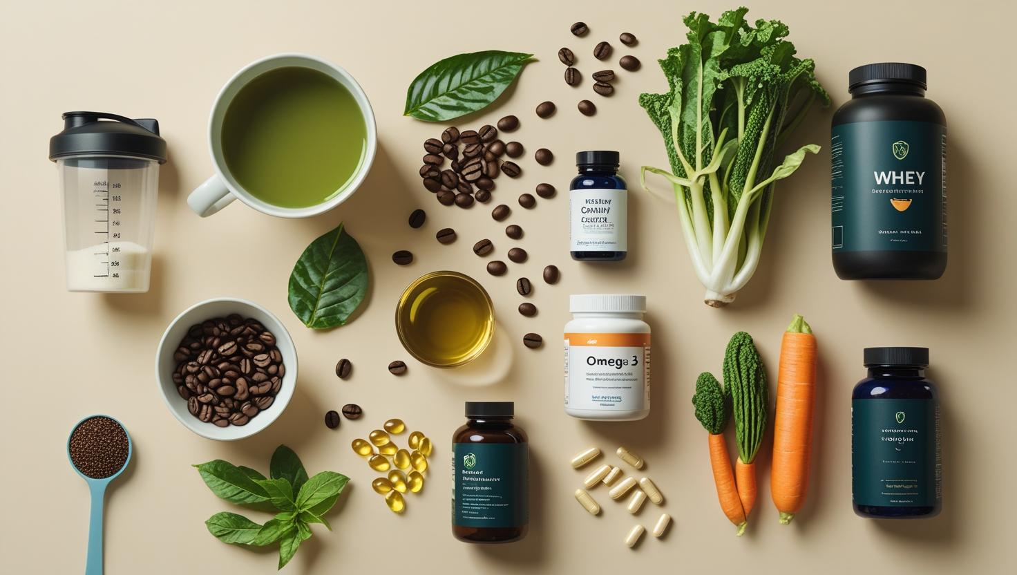 Flatlay de compléments alimentaires liés à la perte de poids : whey protéine, thé vert, café, oméga-3, fibres, ashwagandha et mélatonine, sur fond beige.