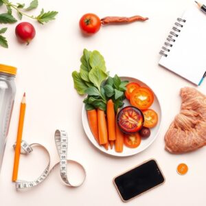 Flatlay minimaliste illustrant la perte de poids durable, avec repas sains, chaussures de course, carnet de suivi et accessoires de sport, sur fond beige avec accents vert, orange et bleu.