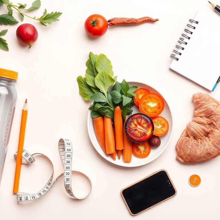 Flatlay minimaliste illustrant la perte de poids durable, avec repas sains, chaussures de course, carnet de suivi et accessoires de sport, sur fond beige avec accents vert, orange et bleu.