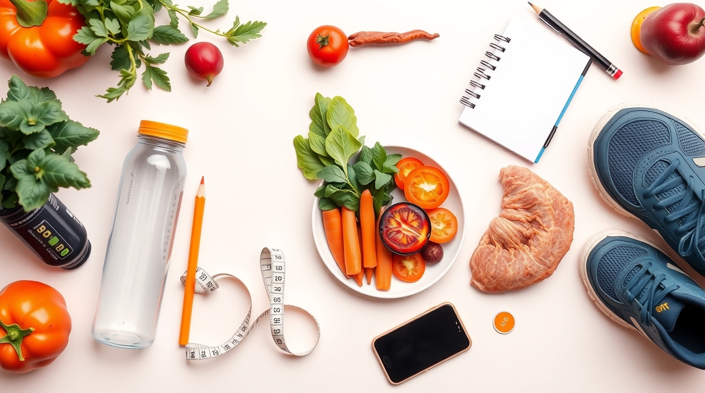 Flatlay minimaliste illustrant la perte de poids durable, avec repas sains, chaussures de course, carnet de suivi et accessoires de sport, sur fond beige avec accents vert, orange et bleu.