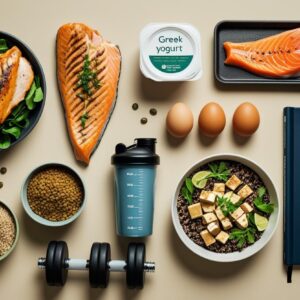 Flatlay d’aliments riches en protéines pour la musculation : poulet, saumon, œufs, yaourt grec, lentilles, tofu, quinoa, avec shaker et haltère.