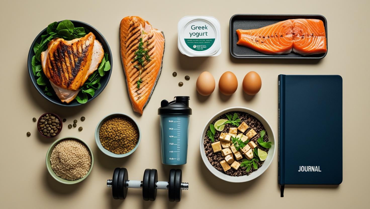 Flatlay d’aliments riches en protéines pour la musculation : poulet, saumon, œufs, yaourt grec, lentilles, tofu, quinoa, avec shaker et haltère.