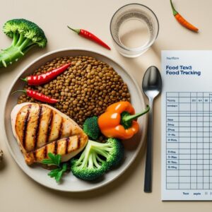 Flatlay d’aliments riches en protéines, légumes, épices et verre d’eau, illustrant la thermogenèse alimentaire (TEF)