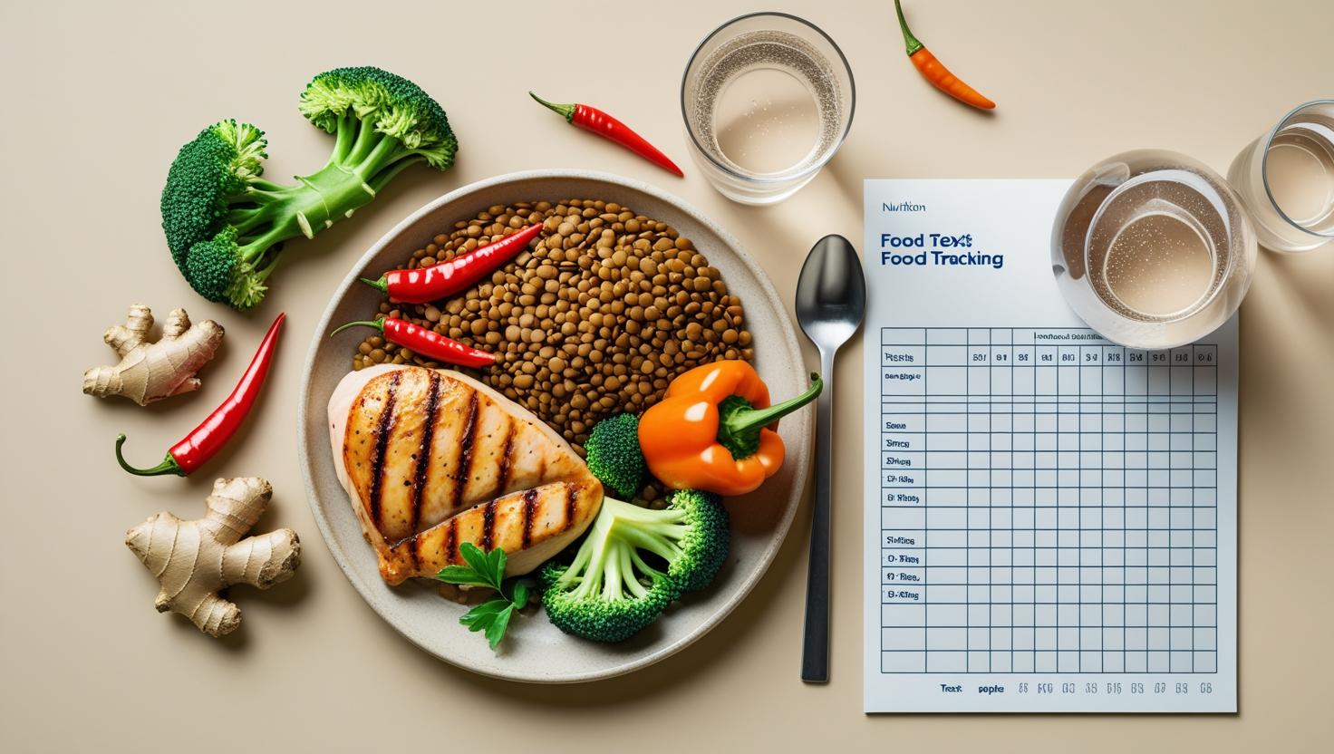 Flatlay d’aliments riches en protéines, légumes, épices et verre d’eau, illustrant la thermogenèse alimentaire (TEF)