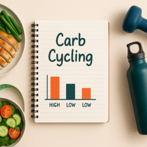 Flatlay diète cyclique perte de poids : carnet "Carb Cycling", assiette jour haut avec riz et poulet, assiette jour bas salade, mètre ruban, haltères.