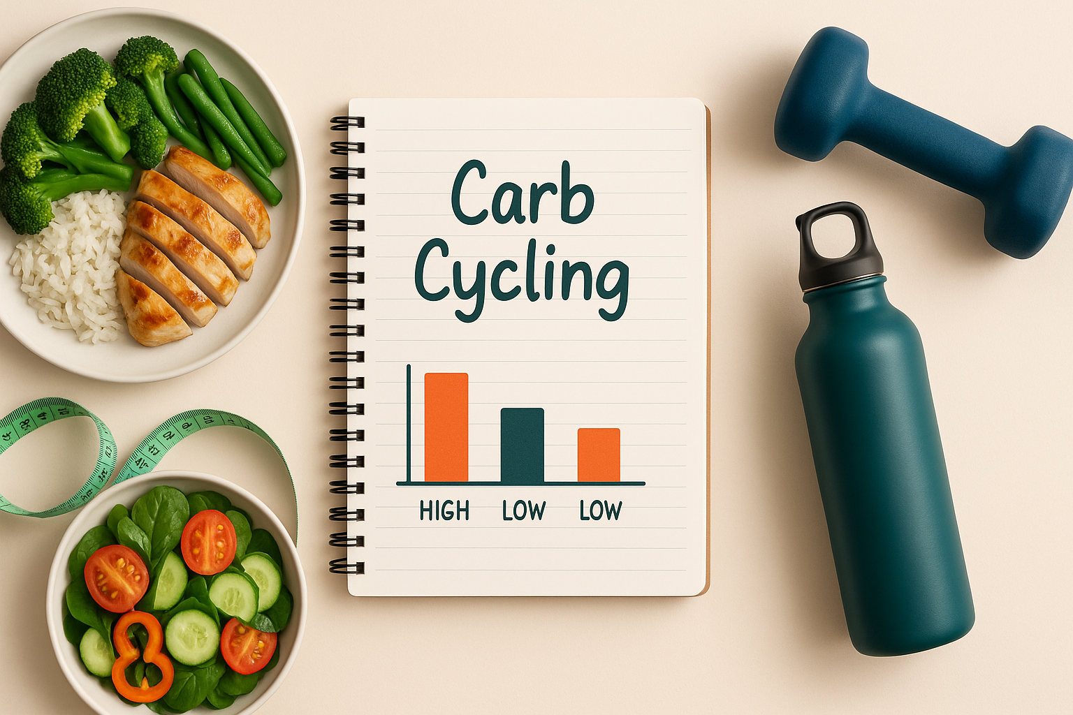 Flatlay diète cyclique perte de poids : carnet "Carb Cycling", assiette jour haut avec riz et poulet, assiette jour bas salade, mètre ruban, haltères.