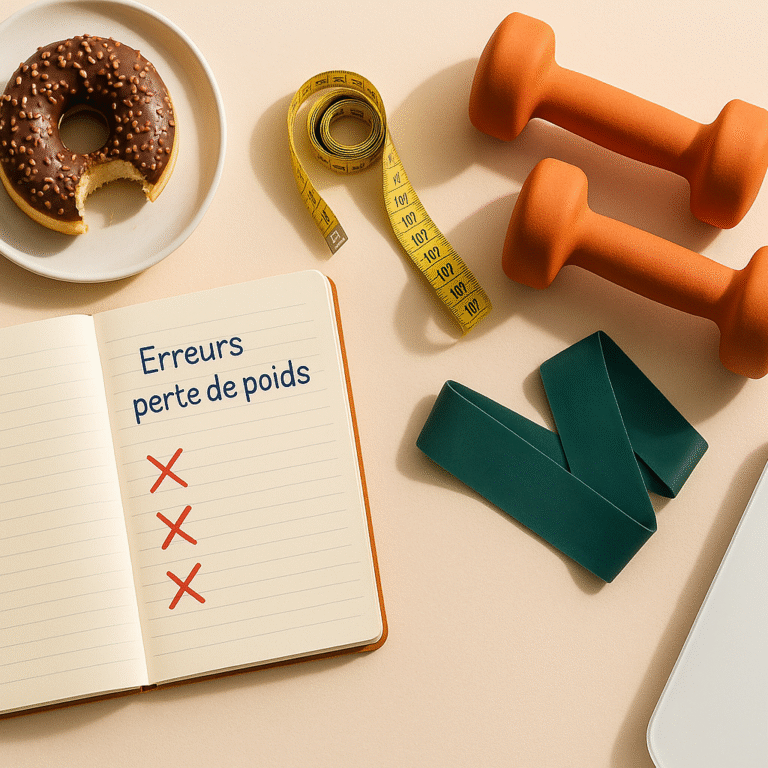 Flatlay perte de poids : carnet avec erreurs cochées, donut, balance, haltères et élastique sur fond beige minimaliste.