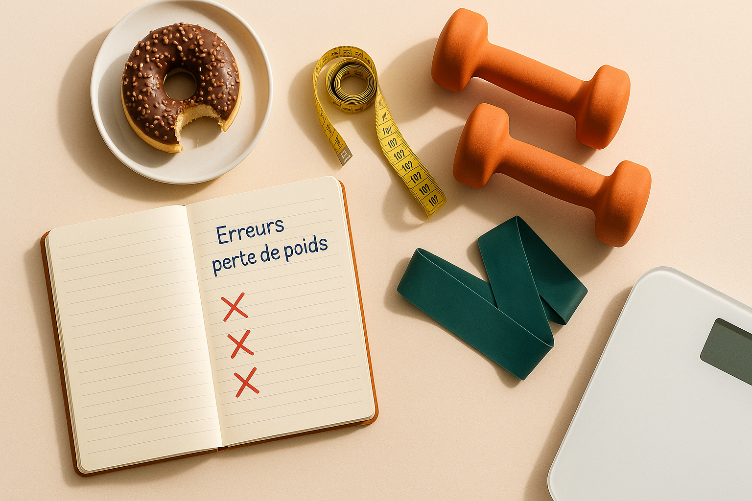 Flatlay perte de poids : carnet avec erreurs cochées, donut, balance, haltères et élastique sur fond beige minimaliste.