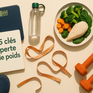 Flatlay perte de poids : carnet avec 5 clés, balance, assiette saine avec protéines et légumes, gourde, mètre ruban, chaussures de sport et haltères.